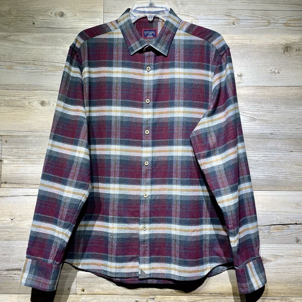 Untuckit Greyton Flannel Shirt Mens Large Gray Burgundy Plaid Button Up
